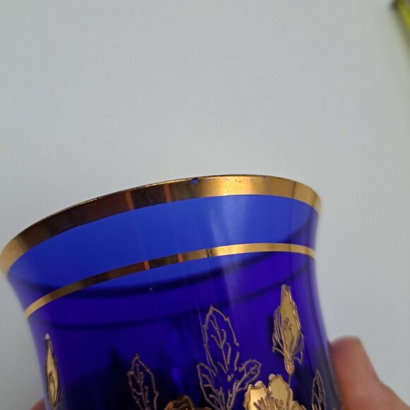 Bohemian Blue Glass Bell With Gold Floral Design - Picture 9 of 10